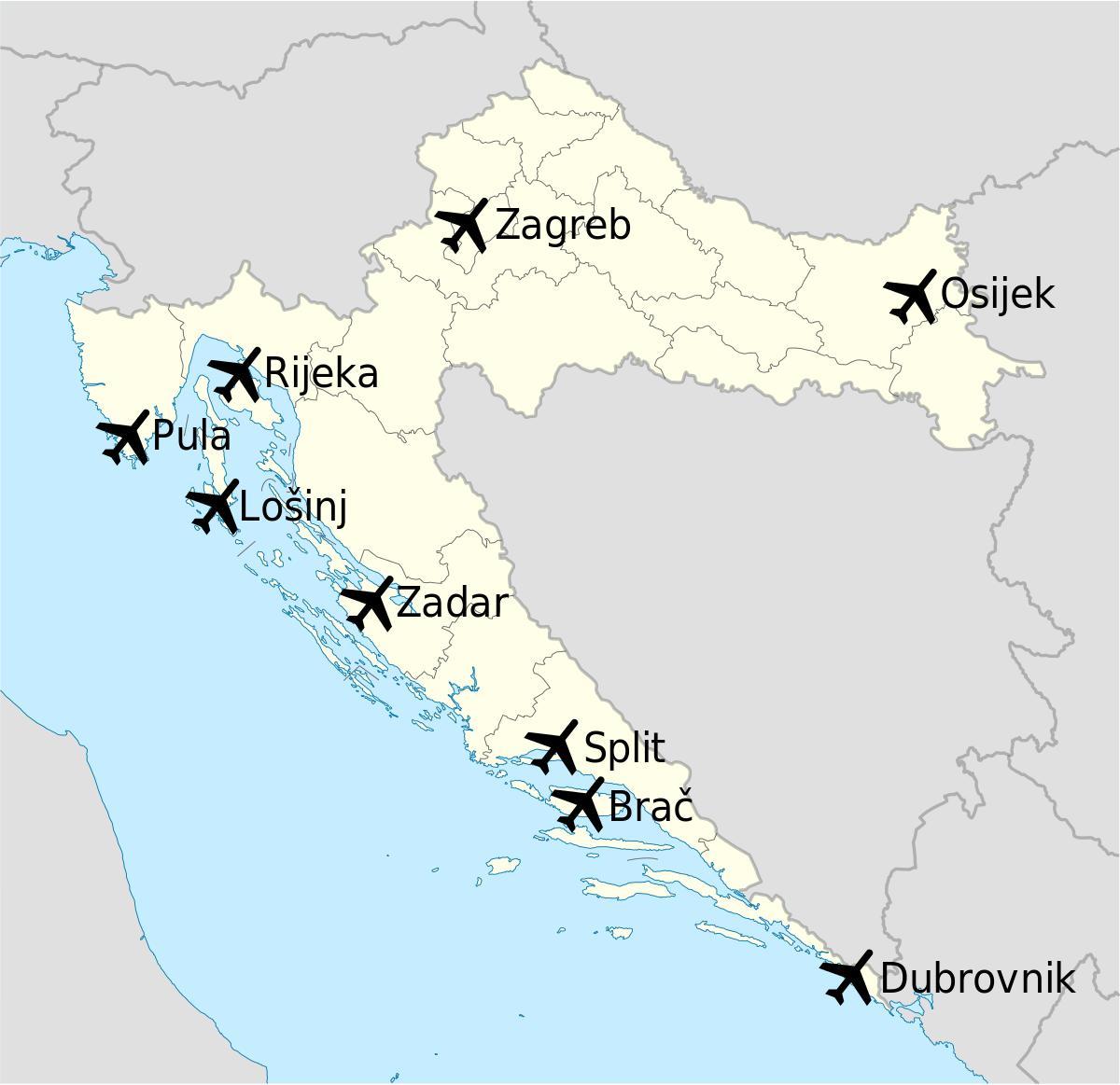 mapa hrvatske pokazuje aerodrome